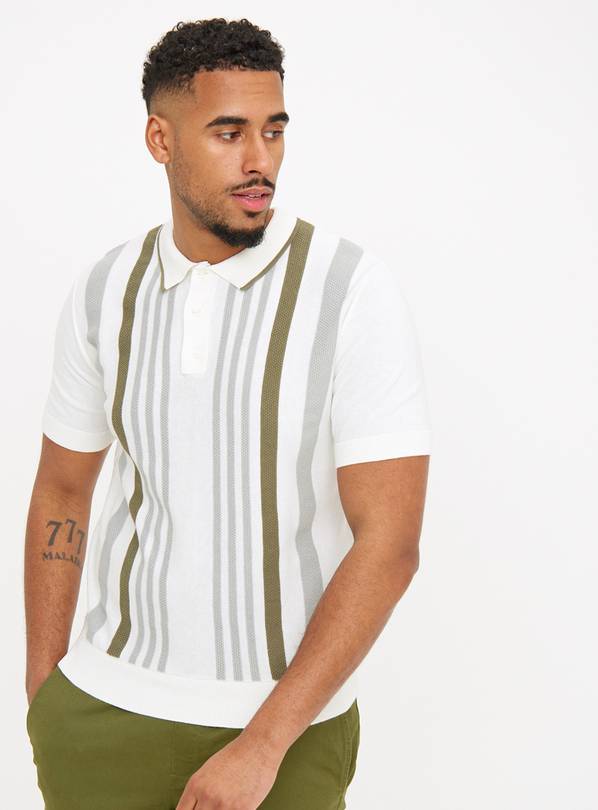 White Vertical Stripe Knitted Polo Shirt M